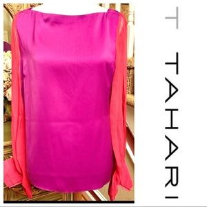 Draped, Tahari blouse, crepe slit, bishop sleeves